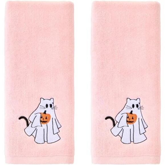 Cotton hand towel set 2 piece Halloween ghost cat decorative kitchen bath gift p - Picture 1 of 7